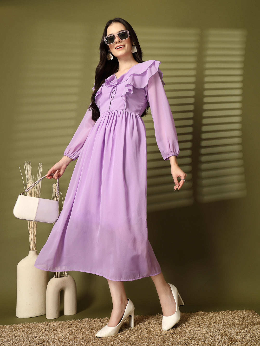 Ruffle V-Neck Midi Fit & Flare Dress