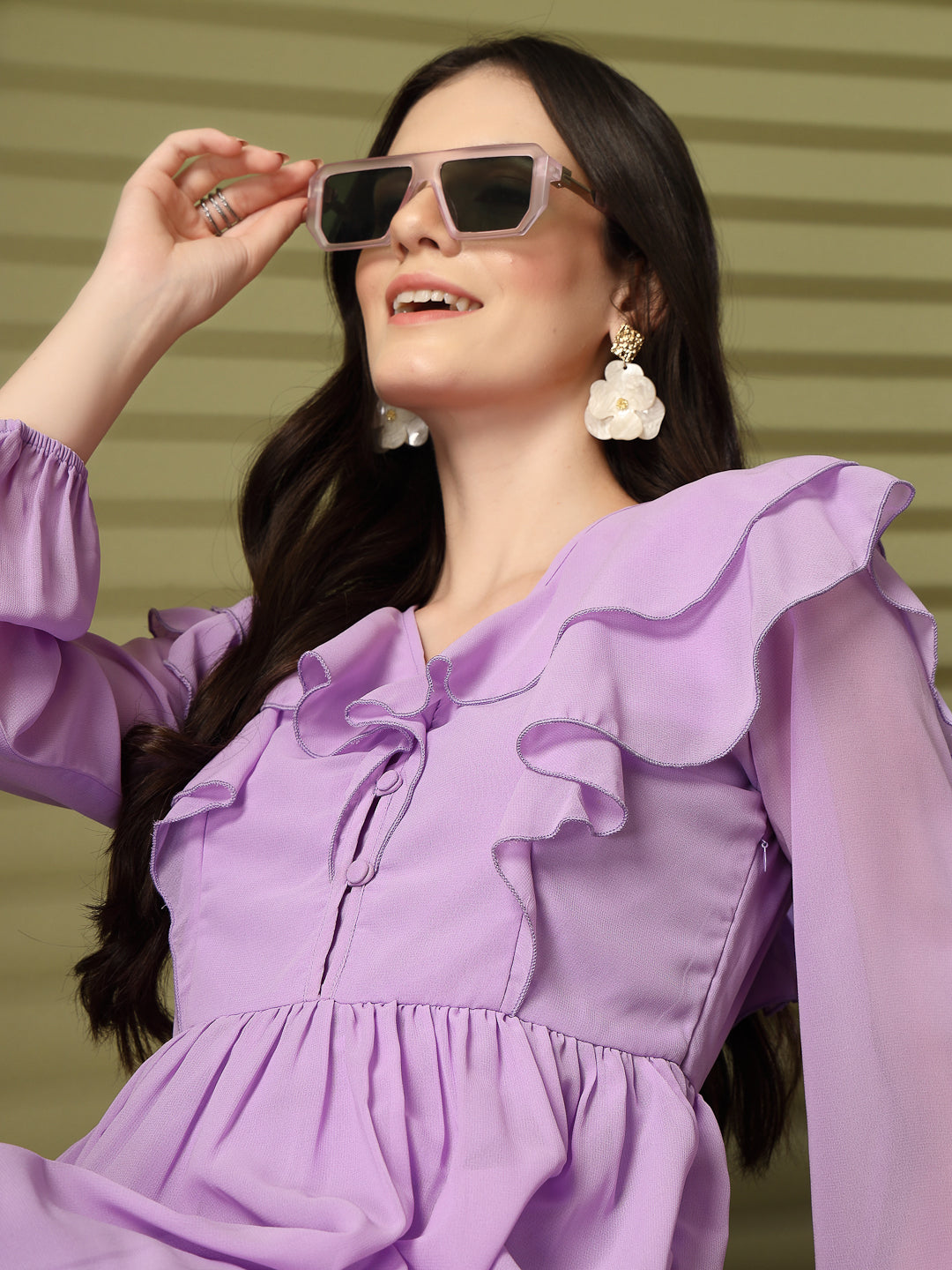 Ruffle V-Neck Midi Fit & Flare Dress