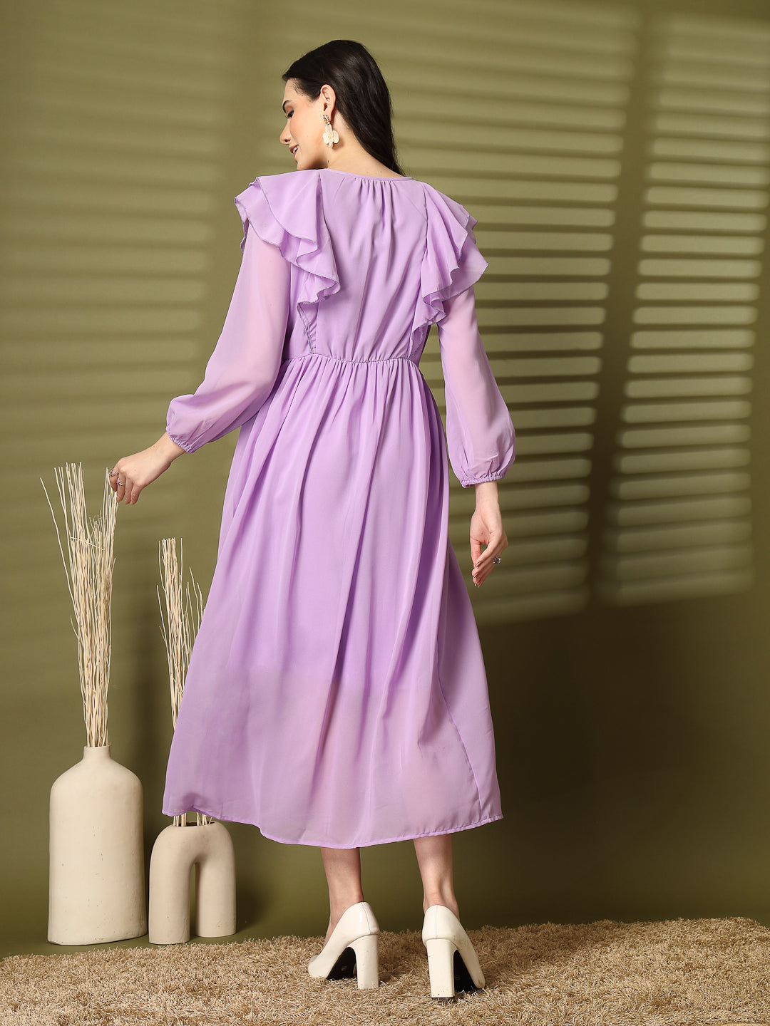 Ruffle V-Neck Midi Fit & Flare Dress