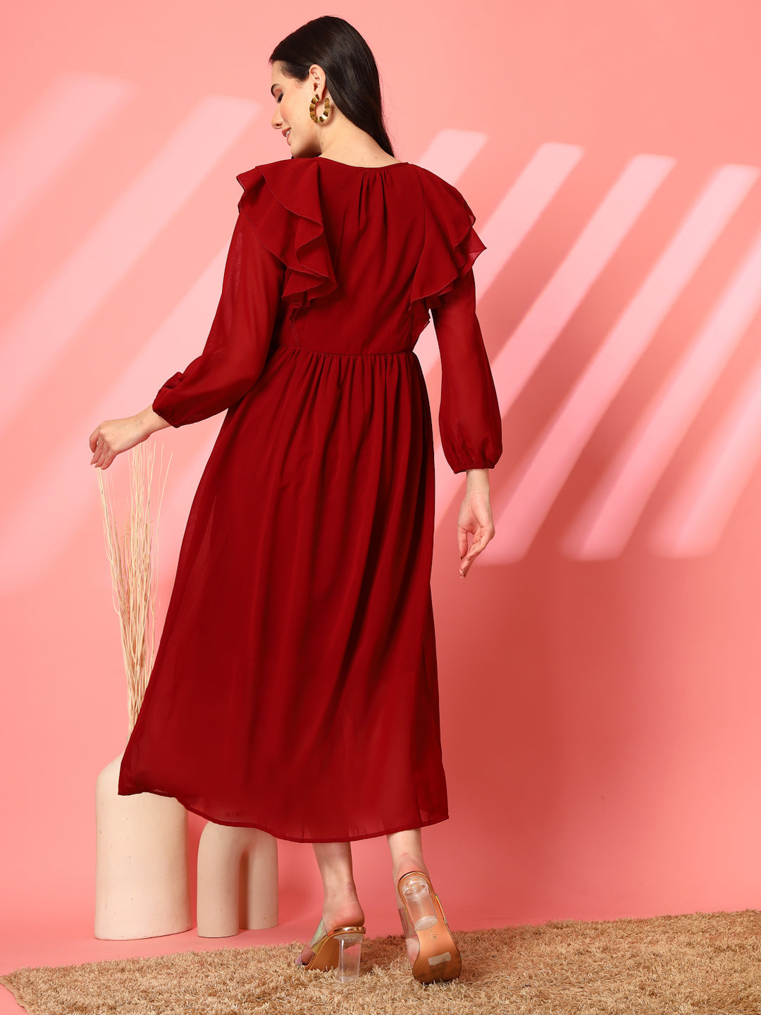 Ruffle V-Neck Midi Fit & Flare Dress