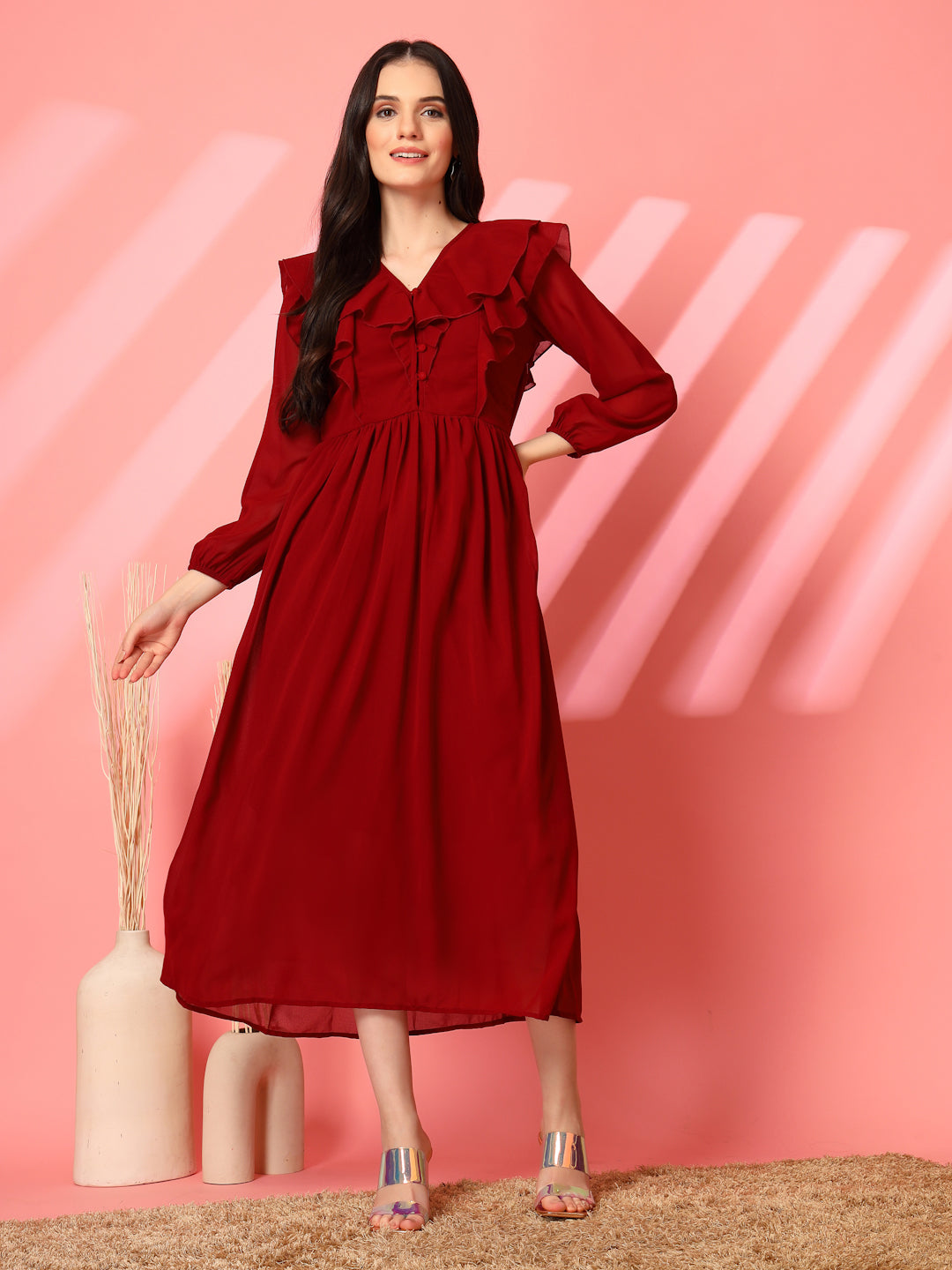 Ruffle V-Neck Midi Fit & Flare Dress