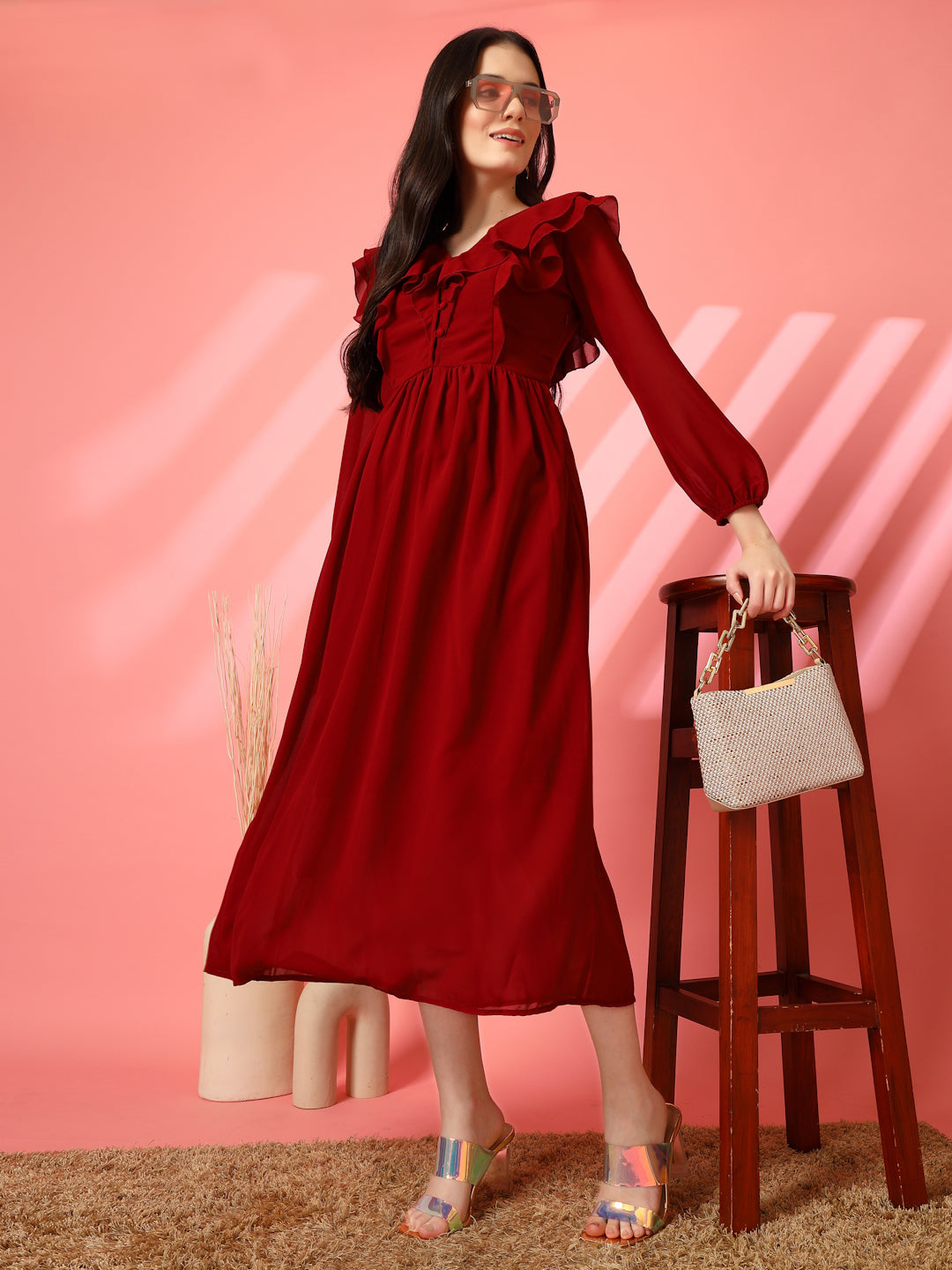 Ruffle V-Neck Midi Fit & Flare Dress