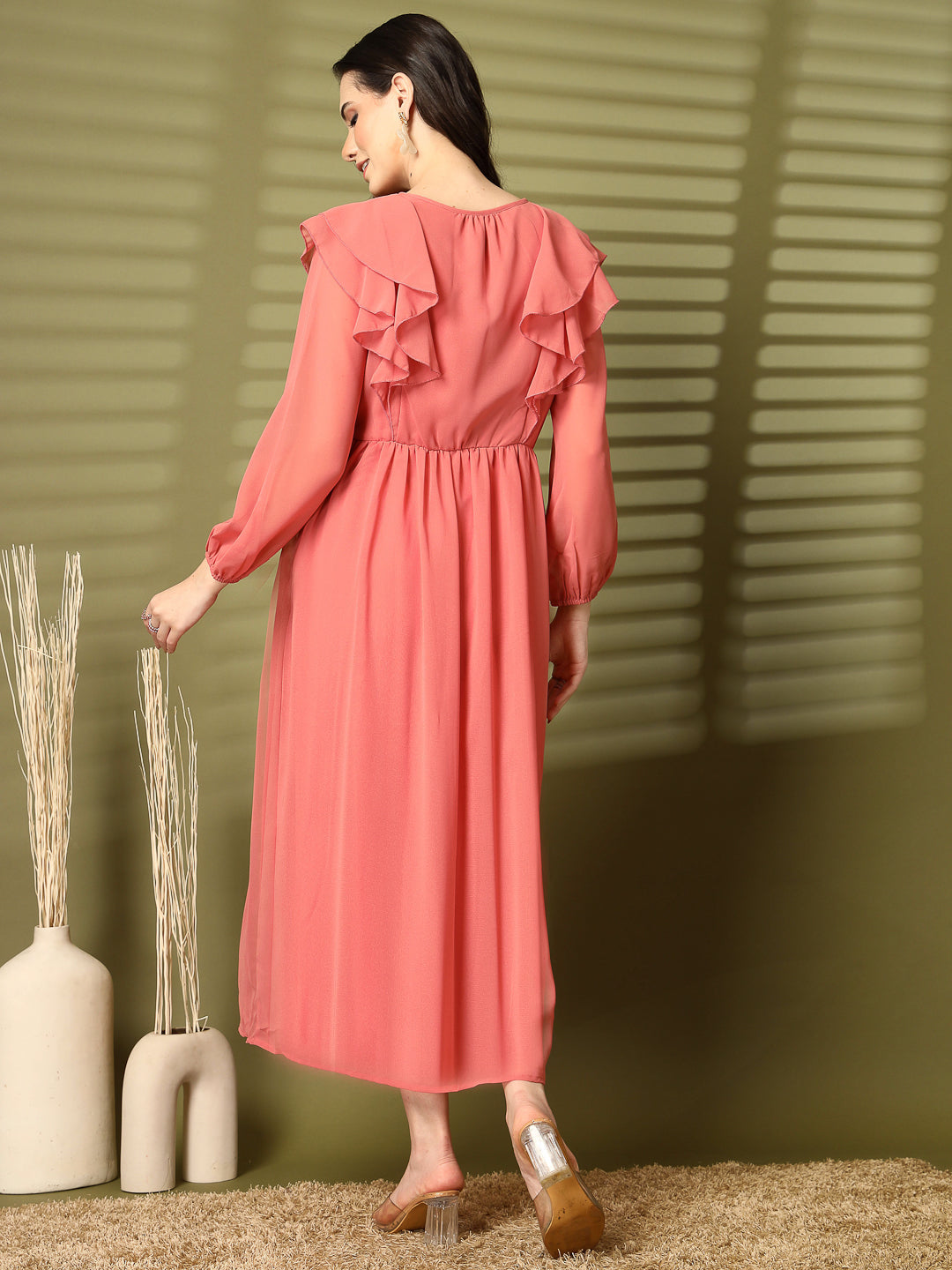 Ruffle V-Neck Midi Fit & Flare Dress