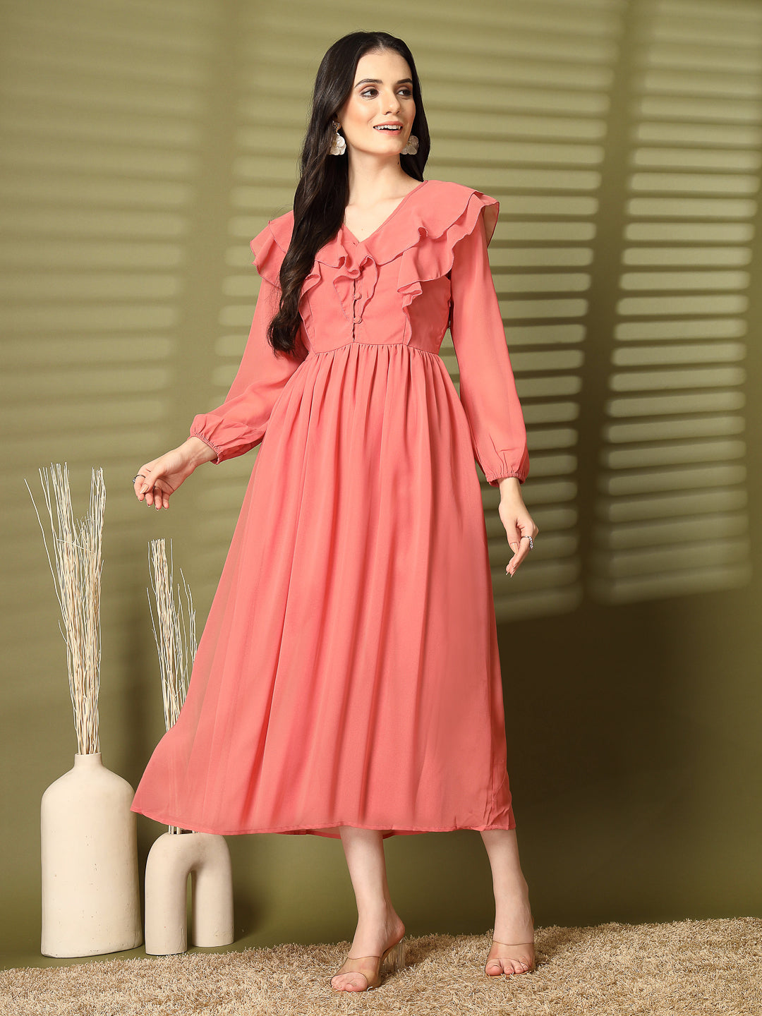 Ruffle V-Neck Midi Fit & Flare Dress