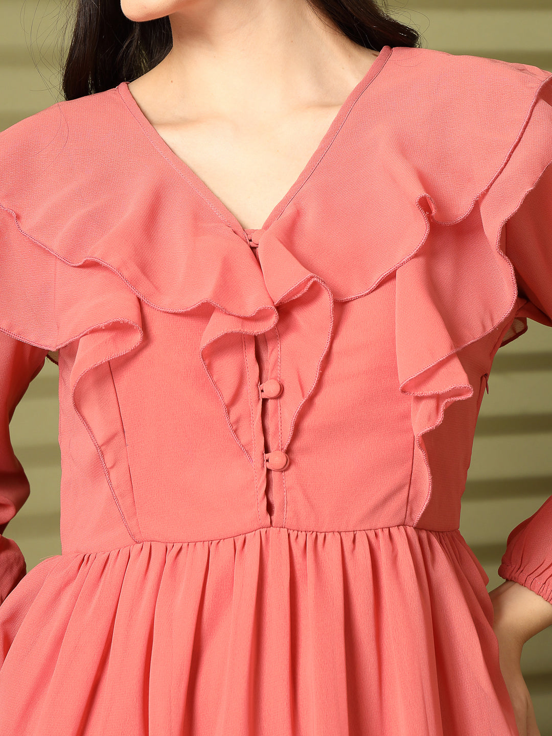 Ruffle V-Neck Midi Fit & Flare Dress