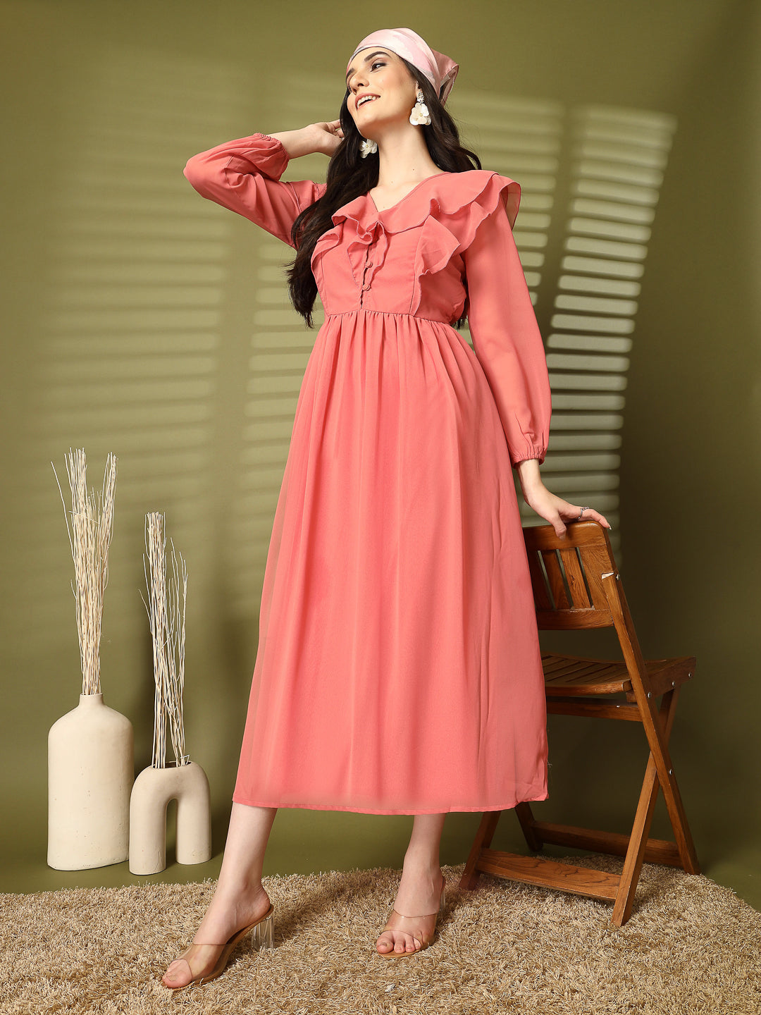 Ruffle V-Neck Midi Fit & Flare Dress