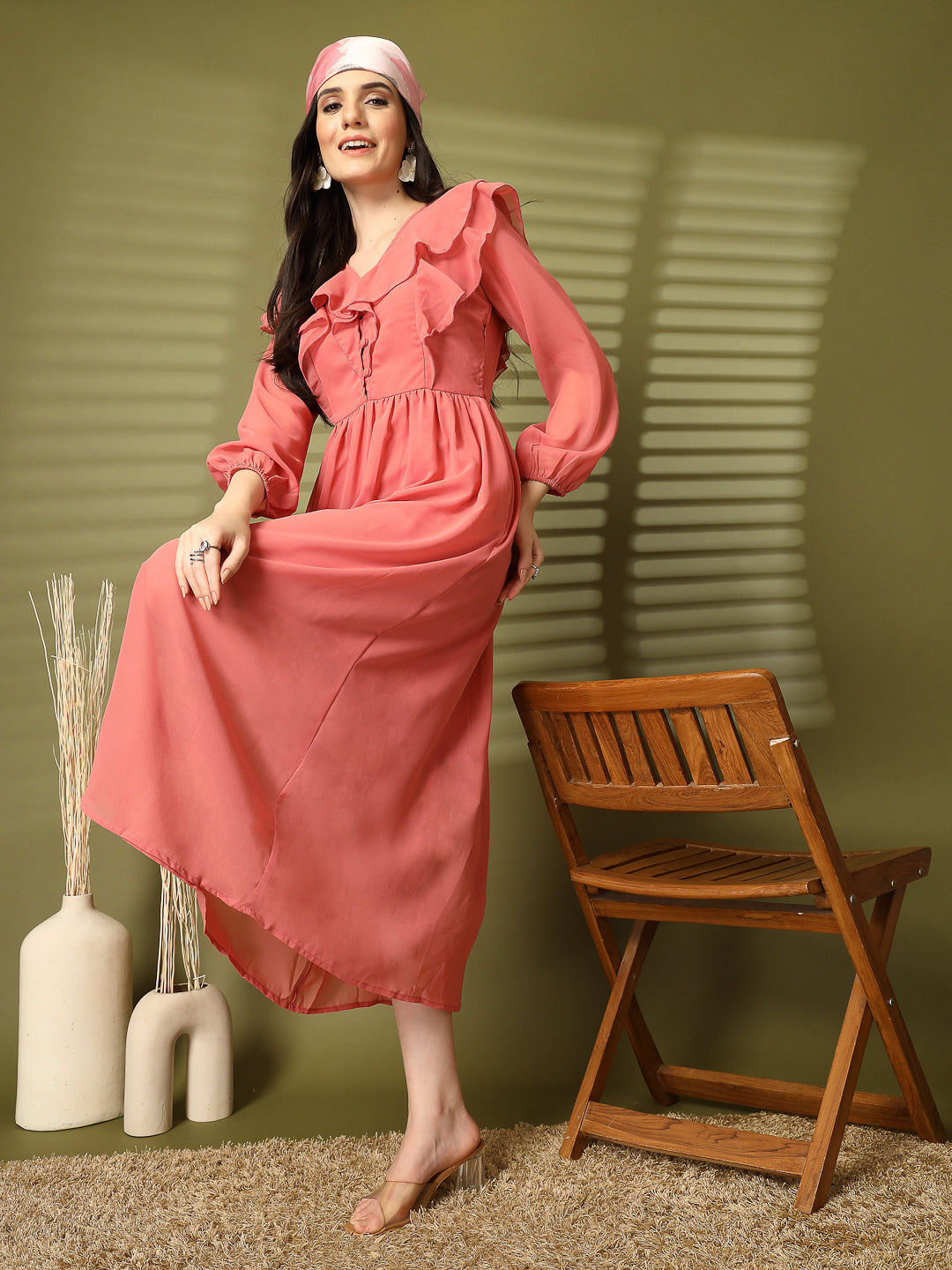 Ruffle V-Neck Midi Fit & Flare Dress