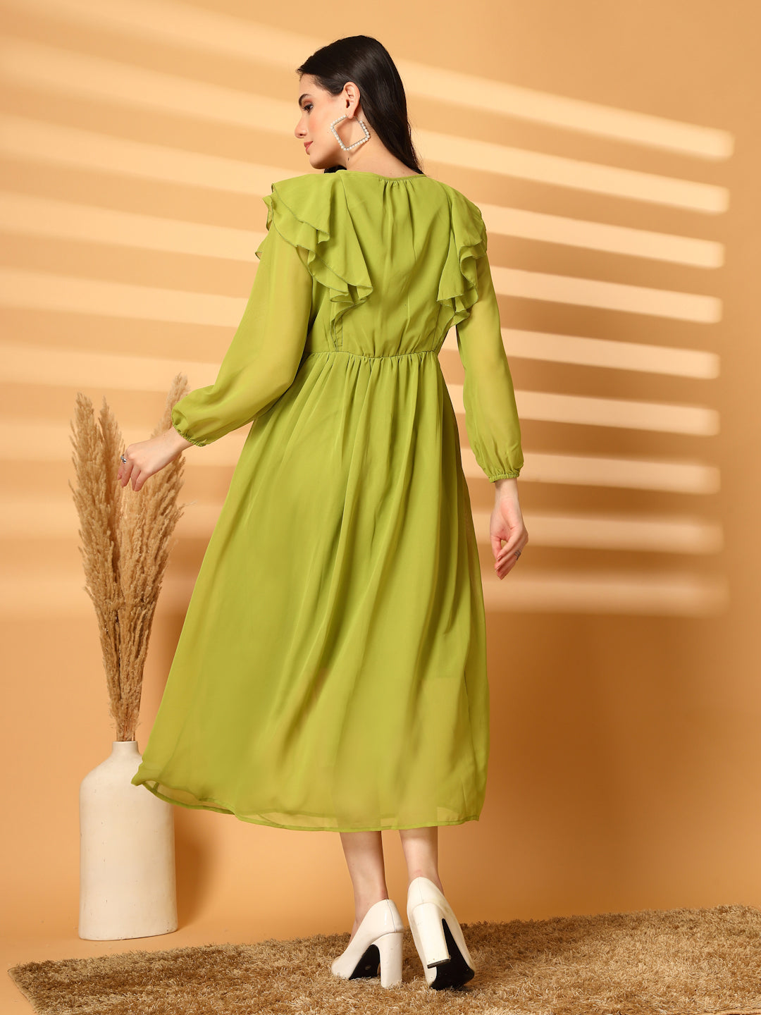 Ruffle V-Neck Midi Fit & Flare Dress