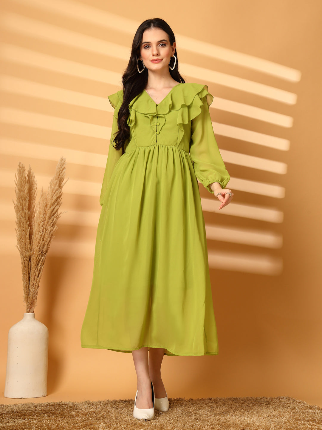 Ruffle V-Neck Midi Fit & Flare Dress