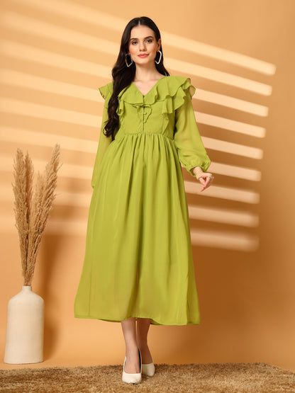 Ruffle V-Neck Midi Fit & Flare Dress