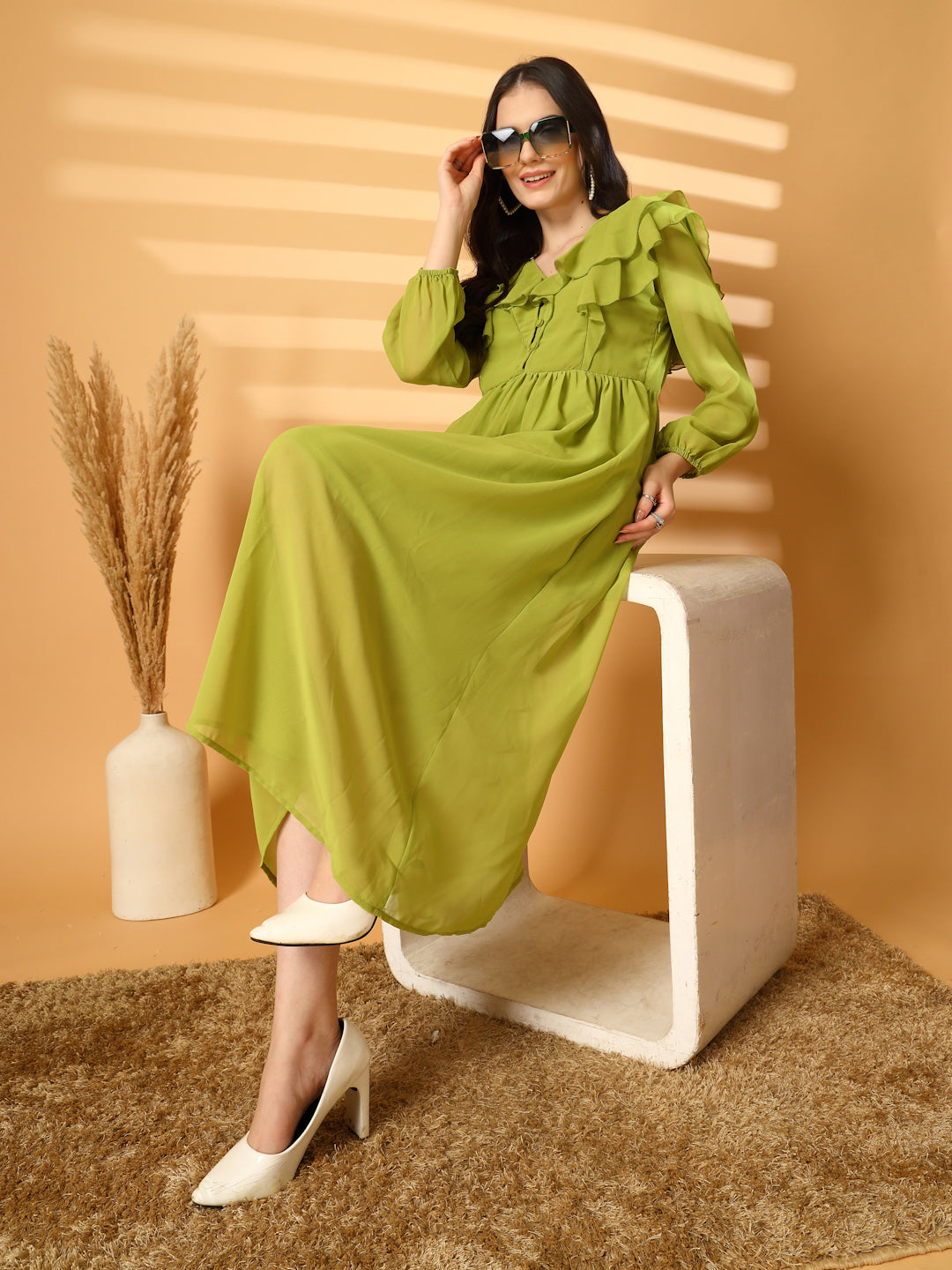 Ruffle V-Neck Midi Fit & Flare Dress