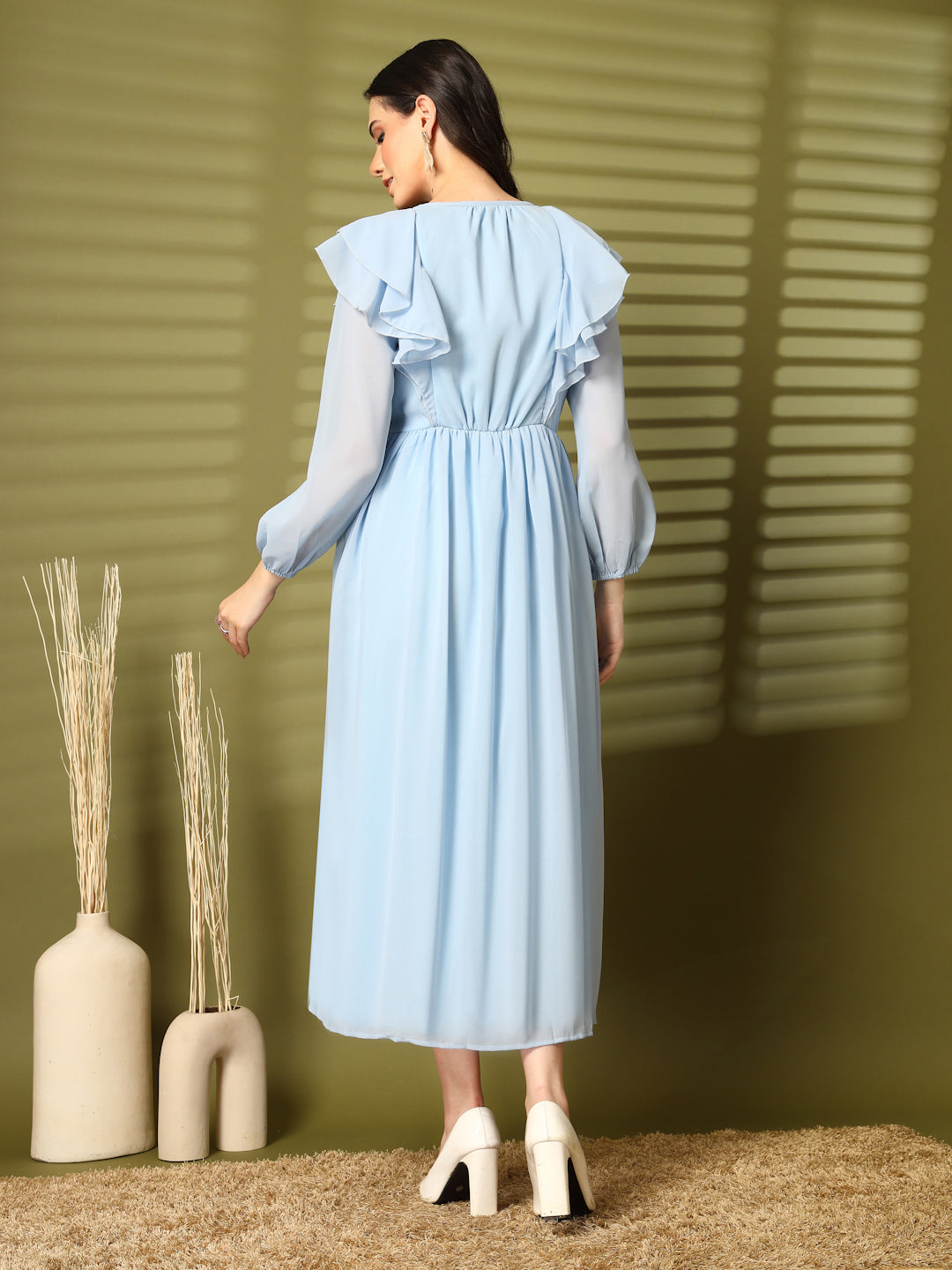 Ruffle V-Neck Midi Fit & Flare Dress