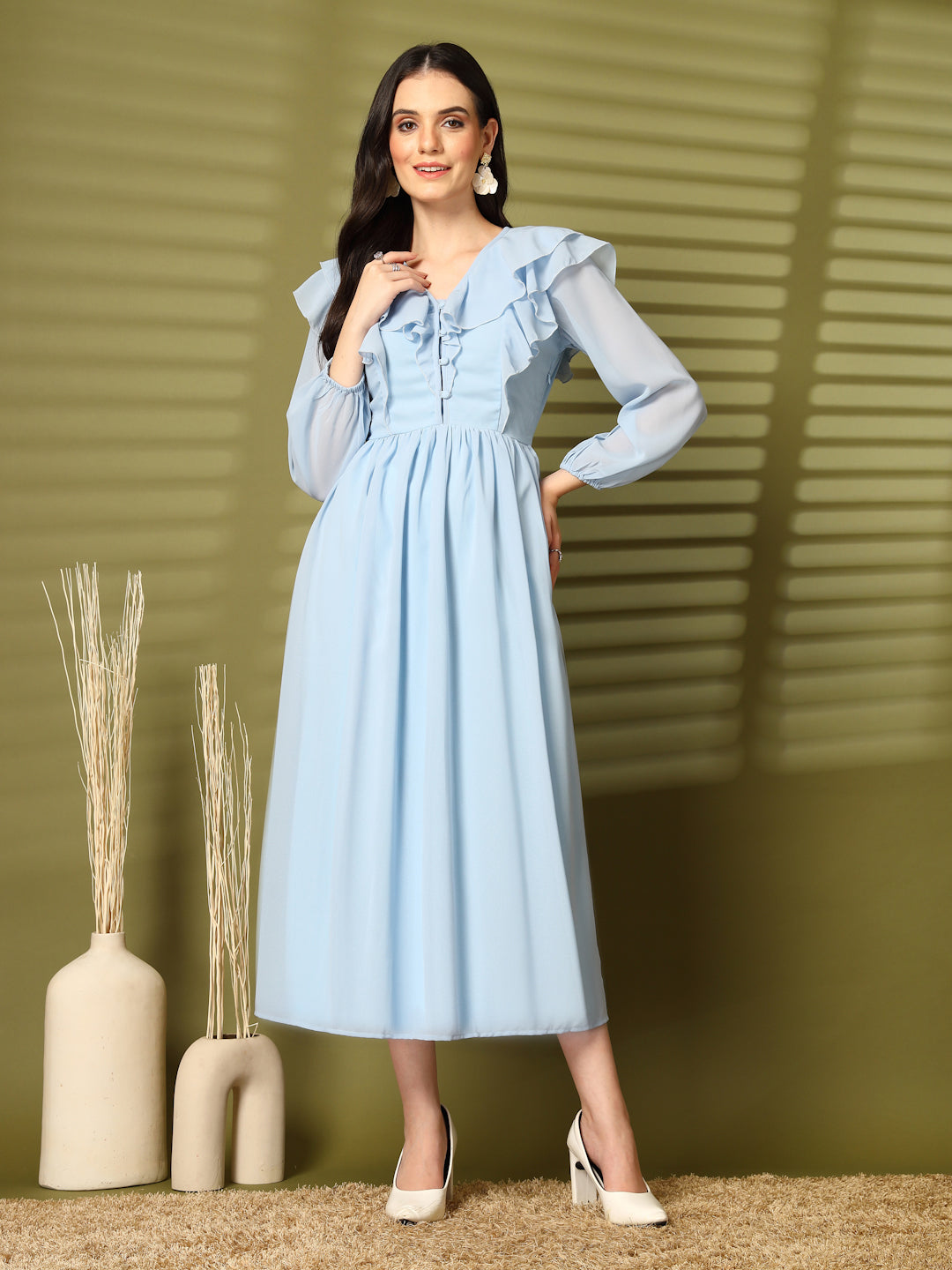 Ruffle V-Neck Midi Fit & Flare Dress