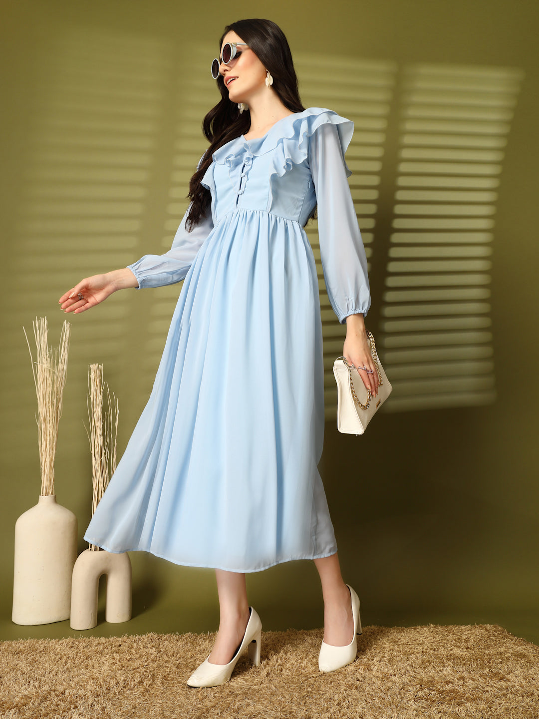 Ruffle V-Neck Midi Fit & Flare Dress