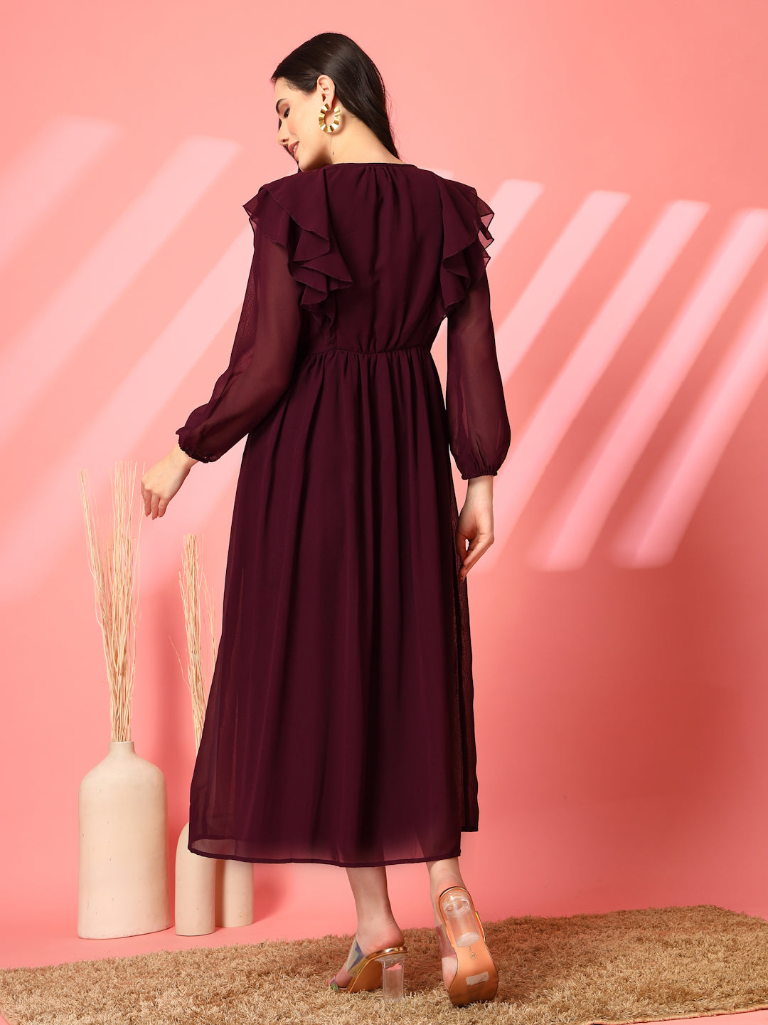 Ruffle V-Neck Midi Fit & Flare Dress