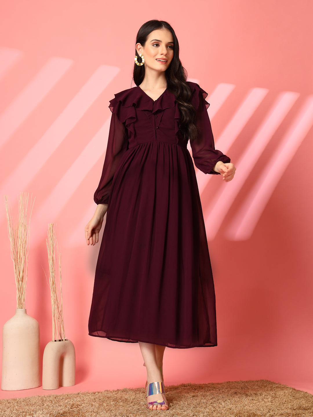 Ruffle V-Neck Midi Fit & Flare Dress