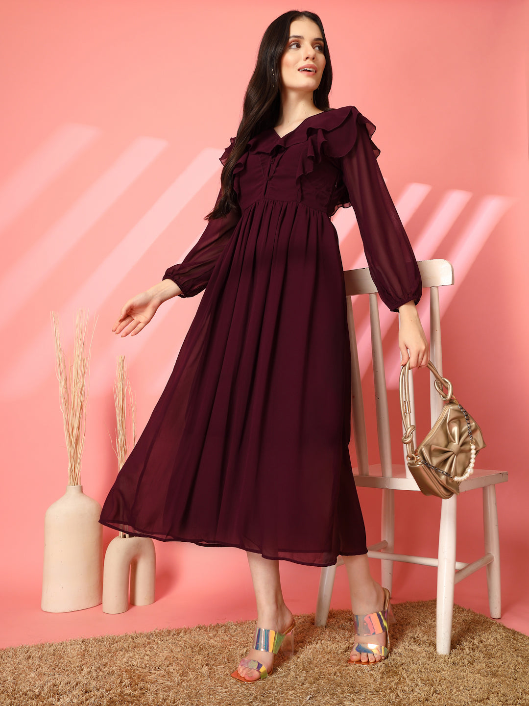 Ruffle V-Neck Midi Fit & Flare Dress