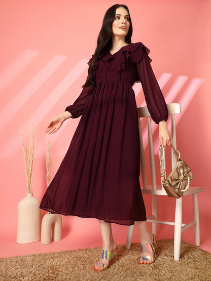 Ruffle V-Neck Midi Fit & Flare Dress