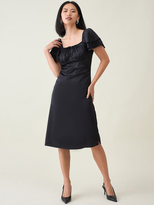 AAYU Satin Puff Sleeve Midi Dress