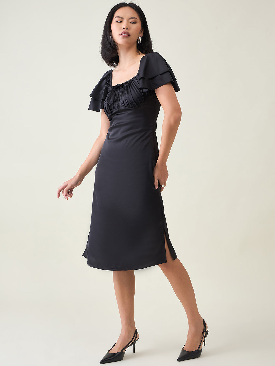 AAYU Satin Puff Sleeve Midi Dress