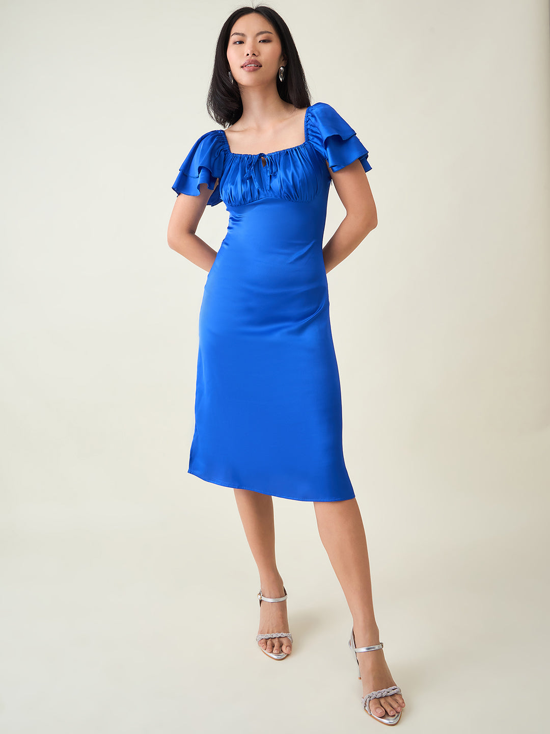 AAYU Satin Puff Sleeve Midi Dress