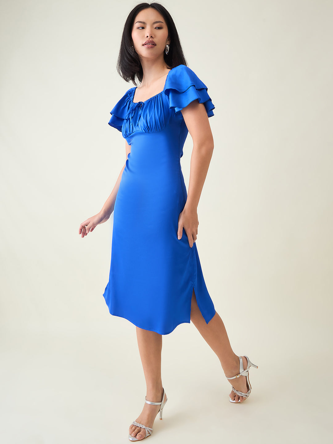 AAYU Satin Puff Sleeve Midi Dress