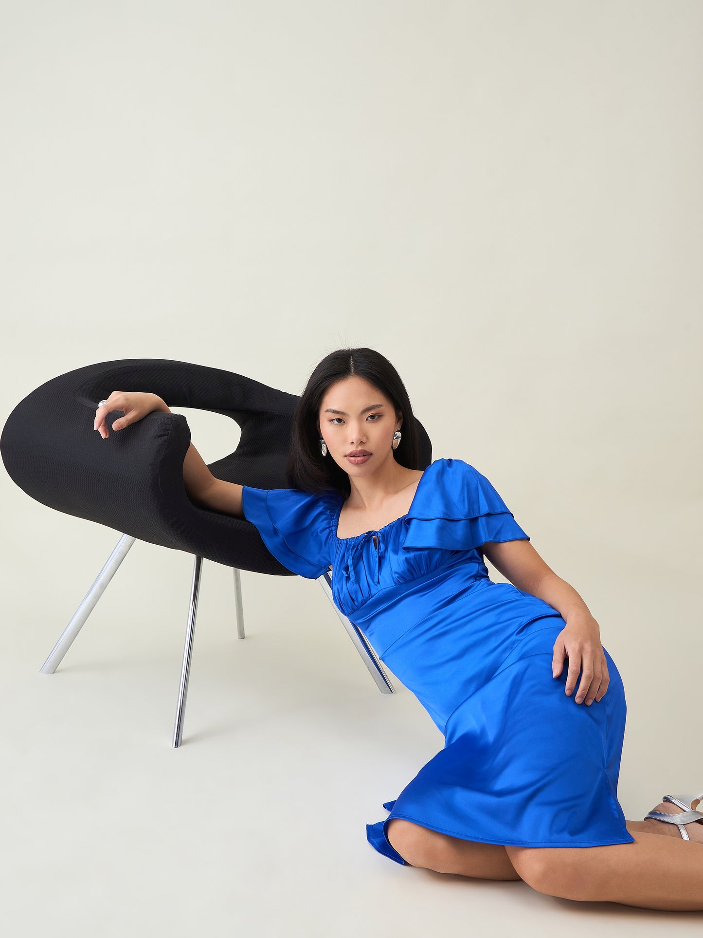 AAYU Satin Puff Sleeve Midi Dress