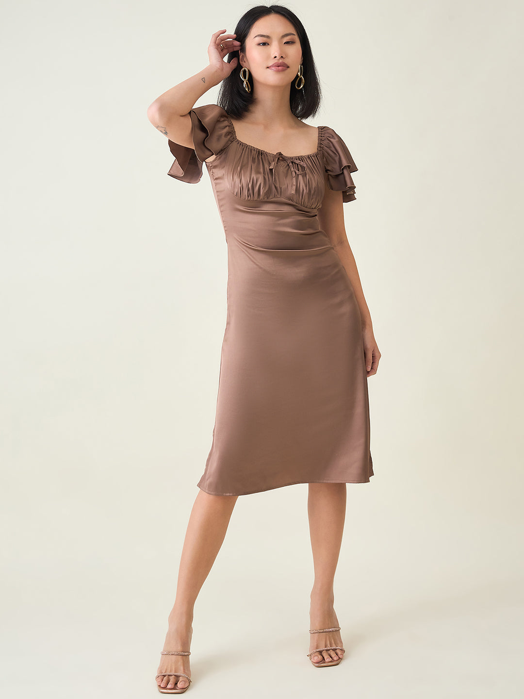 AAYU Satin Puff Sleeve Midi Dress