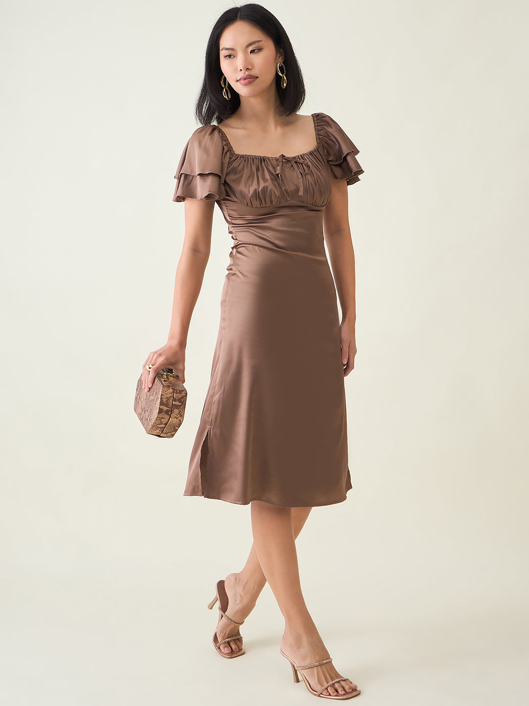 AAYU Satin Puff Sleeve Midi Dress