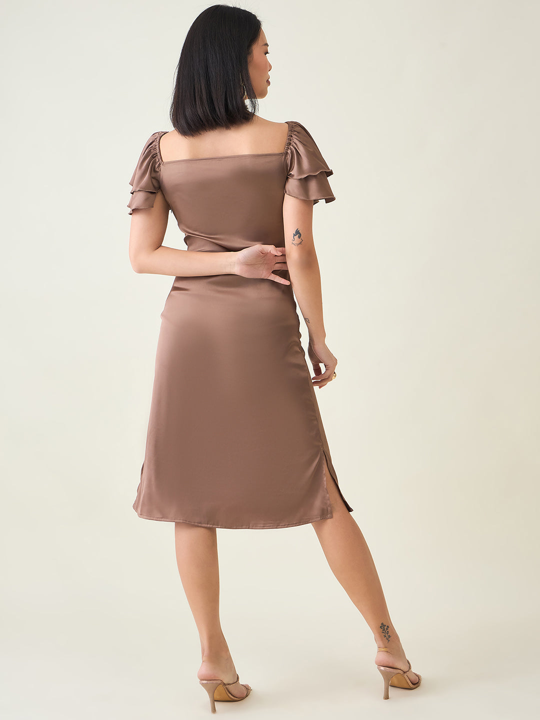 AAYU Satin Puff Sleeve Midi Dress