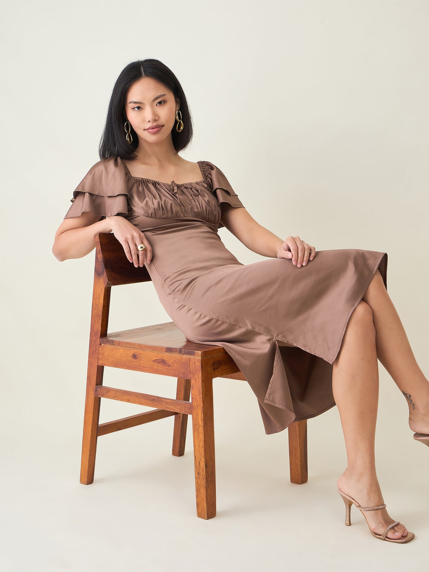 AAYU Satin Puff Sleeve Midi Dress