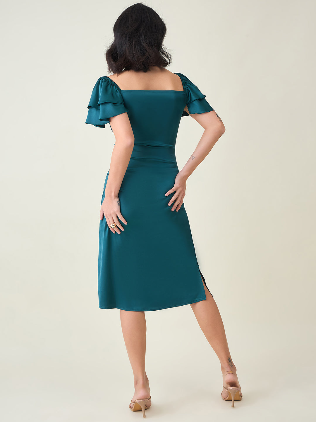 AAYU Satin Puff Sleeve Midi Dress