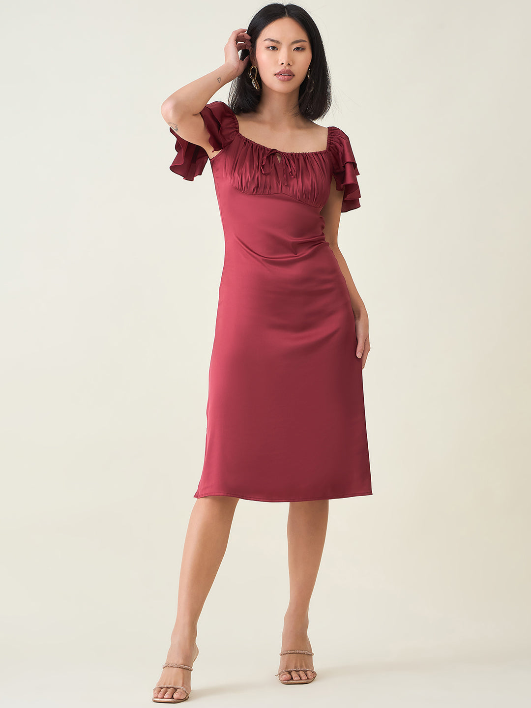 AAYU Satin Puff Sleeve Midi Dress