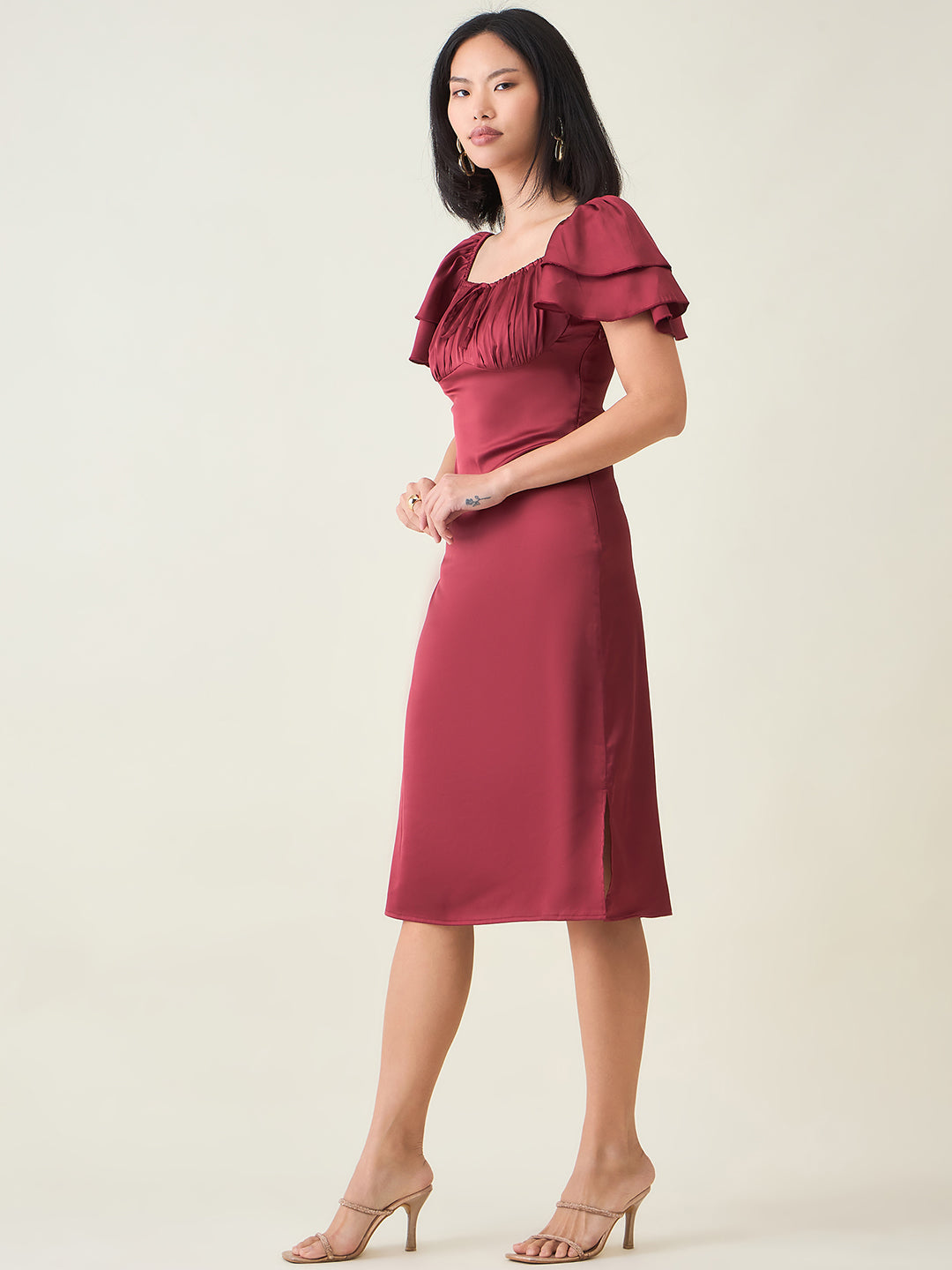 AAYU Satin Puff Sleeve Midi Dress