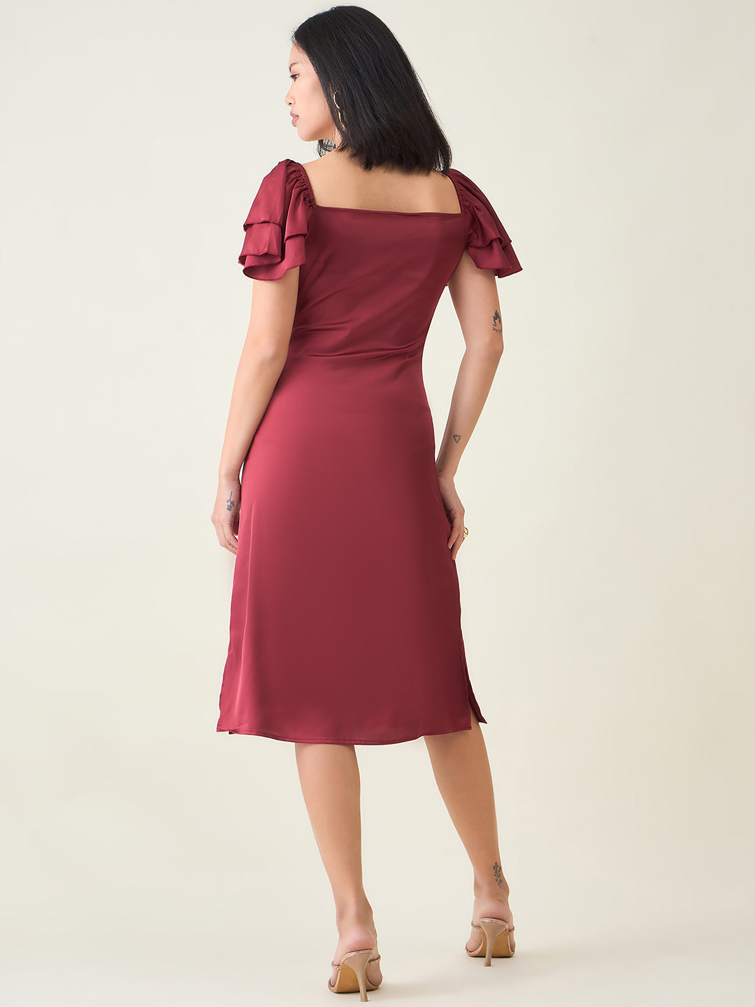 AAYU Satin Puff Sleeve Midi Dress