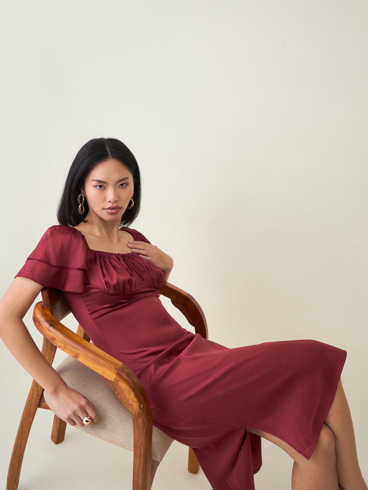 AAYU Satin Puff Sleeve Midi Dress