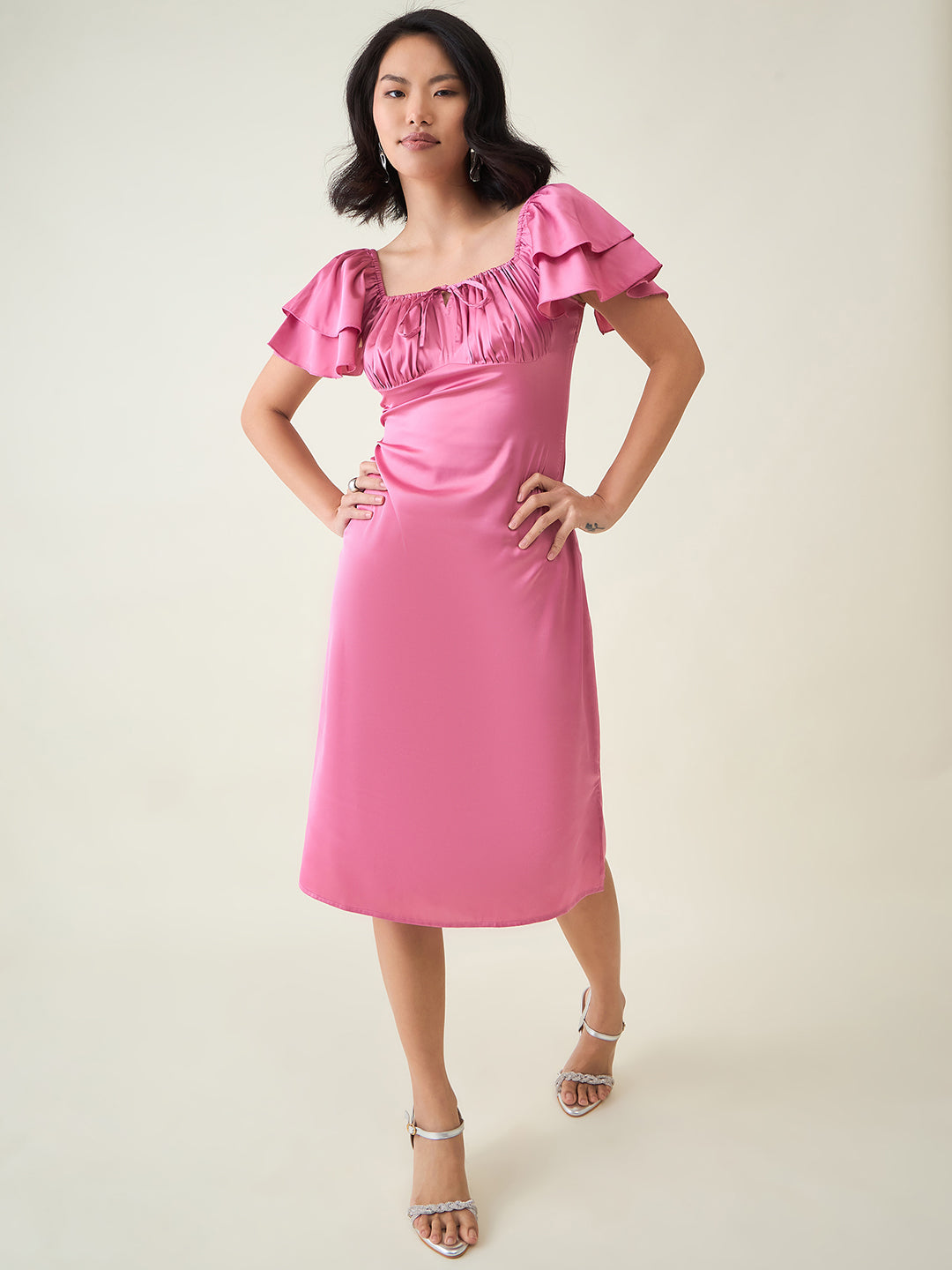 AAYU Satin Puff Sleeve Midi Dress