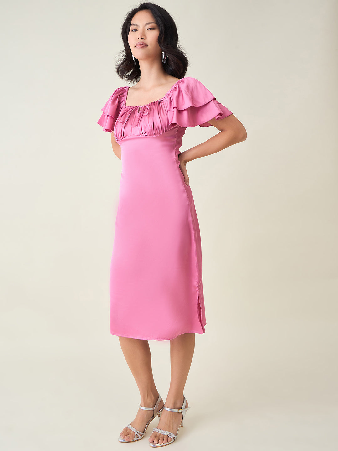 AAYU Satin Puff Sleeve Midi Dress