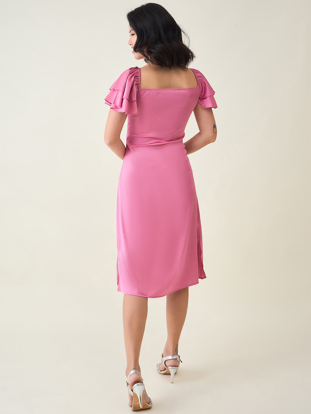 AAYU Satin Puff Sleeve Midi Dress