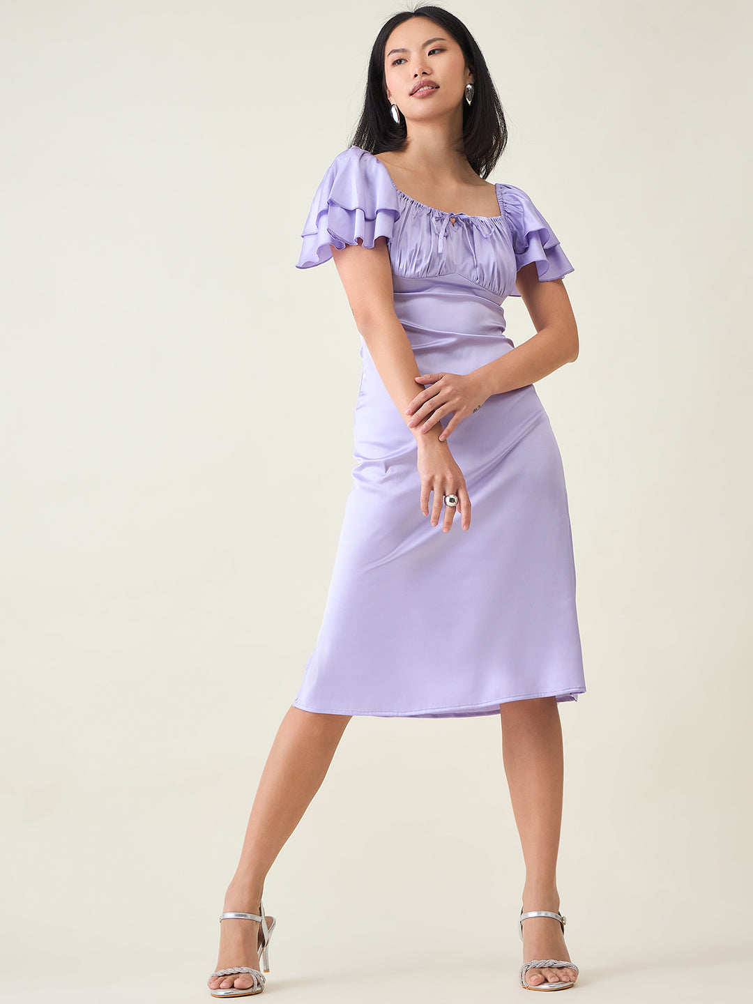 AAYU Satin Puff Sleeve Midi Dress