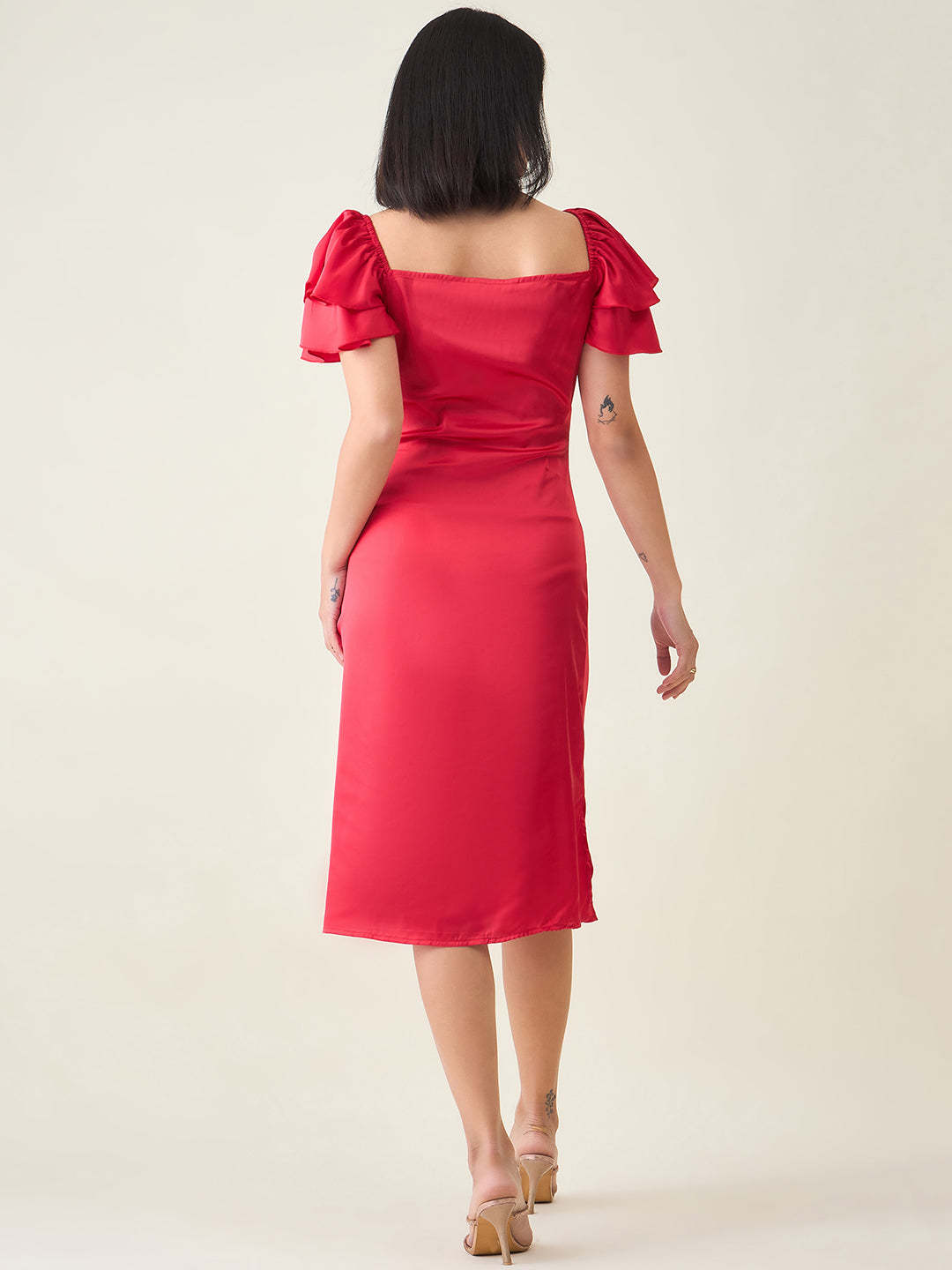 AAYU Satin Puff Sleeve Midi Dress