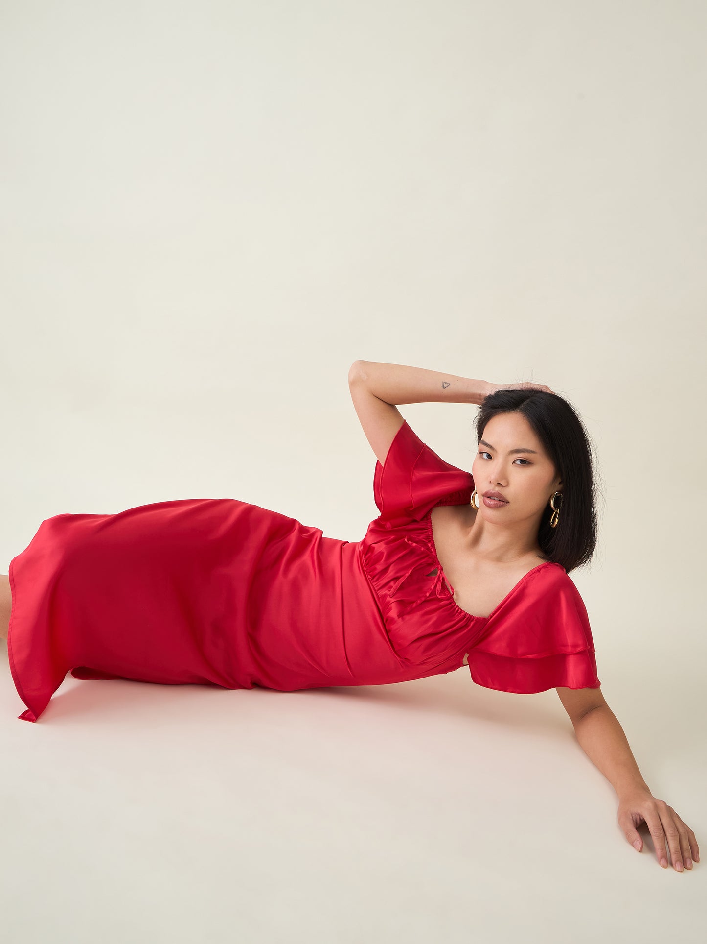 AAYU Satin Puff Sleeve Midi Dress