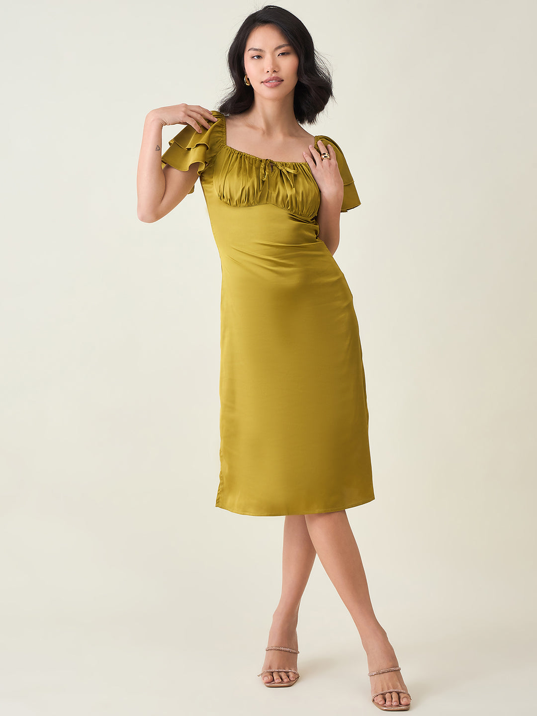 AAYU Satin Puff Sleeve Midi Dress