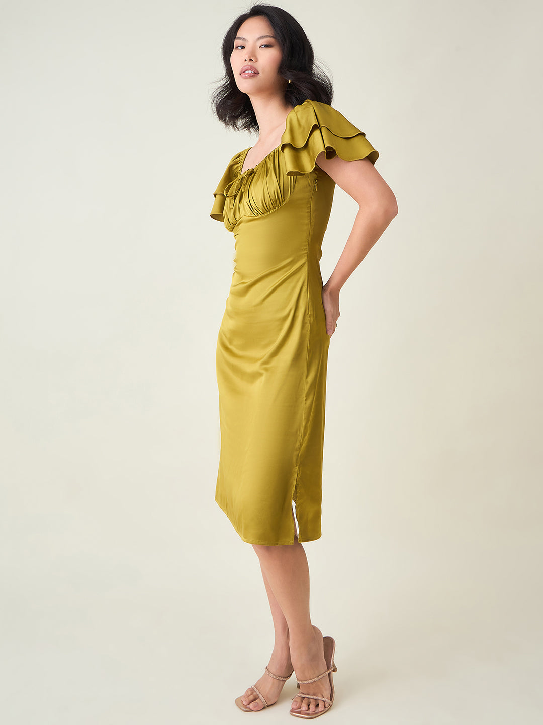 AAYU Satin Puff Sleeve Midi Dress