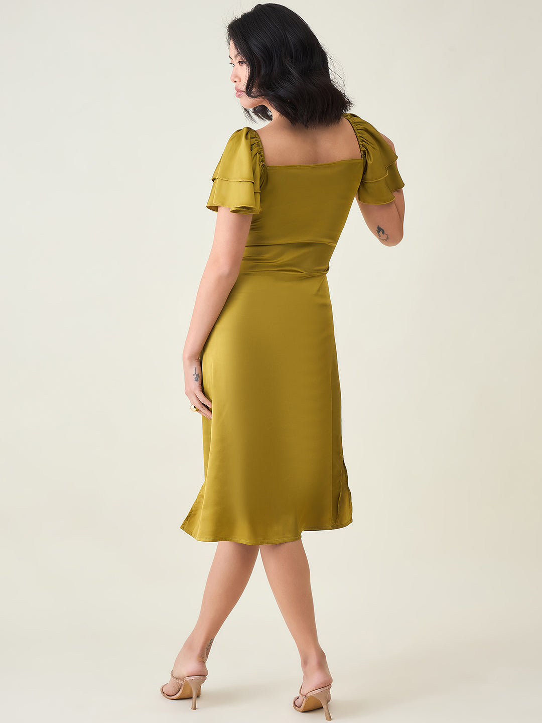 AAYU Satin Puff Sleeve Midi Dress