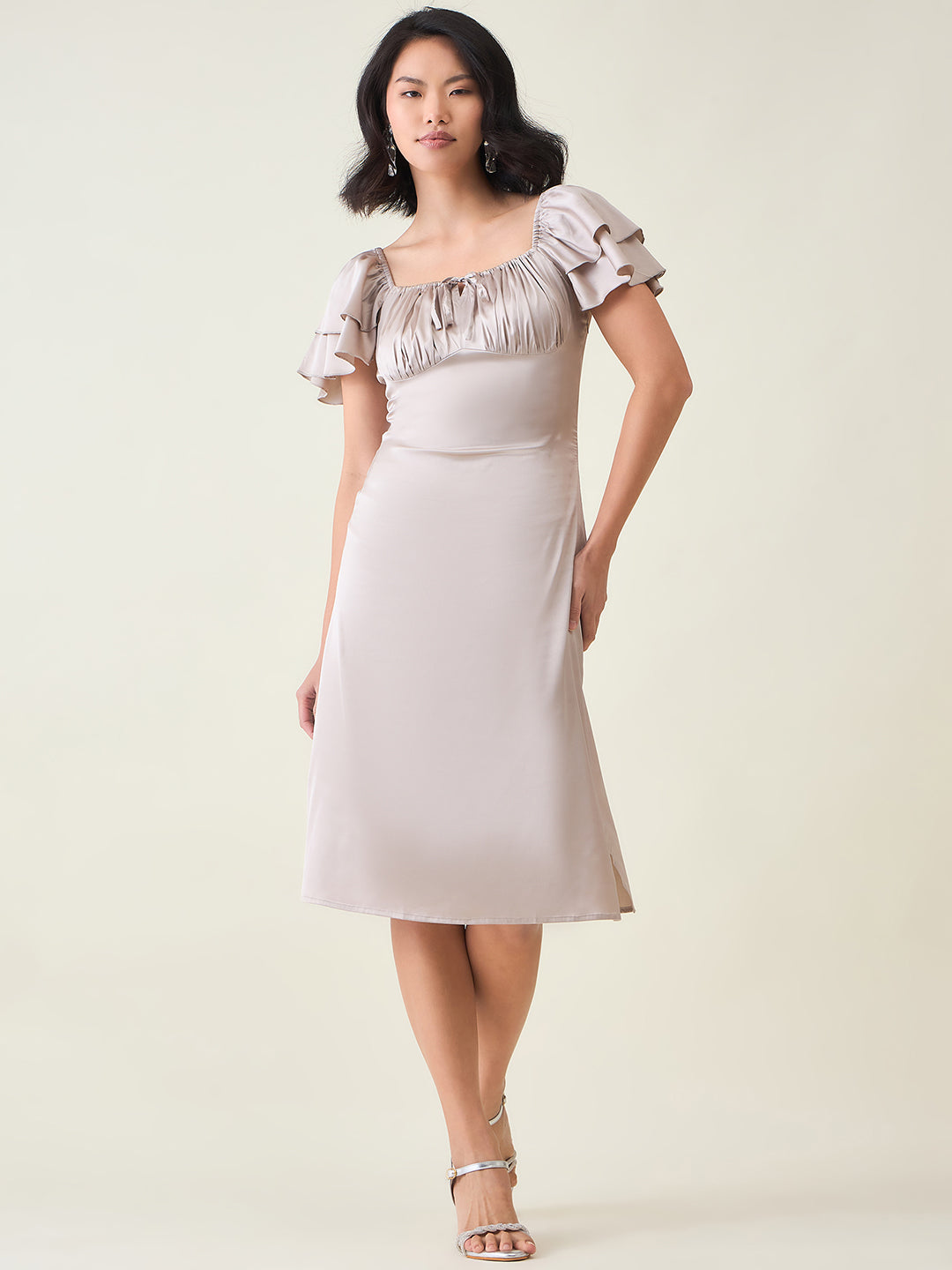 AAYU Satin Puff Sleeve Midi Dress