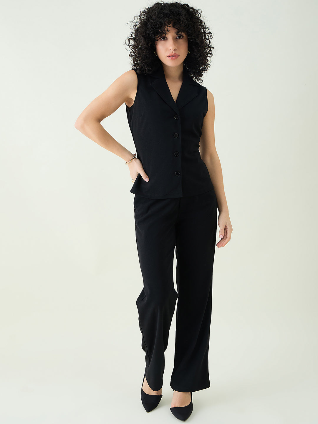 Sleeveless Collared Top and Tailored Trousers Set