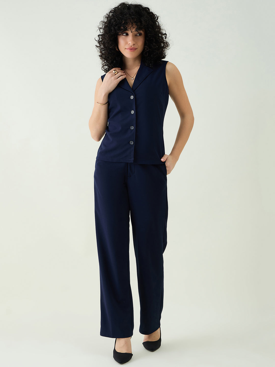 Sleeveless Collared Top and Tailored Trousers Set