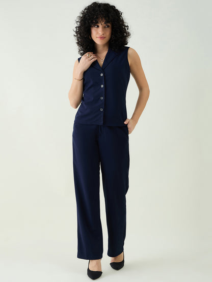 Sleeveless Collared Top and Tailored Trousers Set