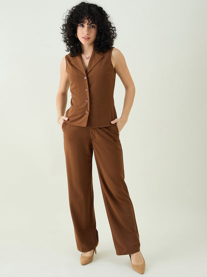 Sleeveless Collared Top and Tailored Trousers Set